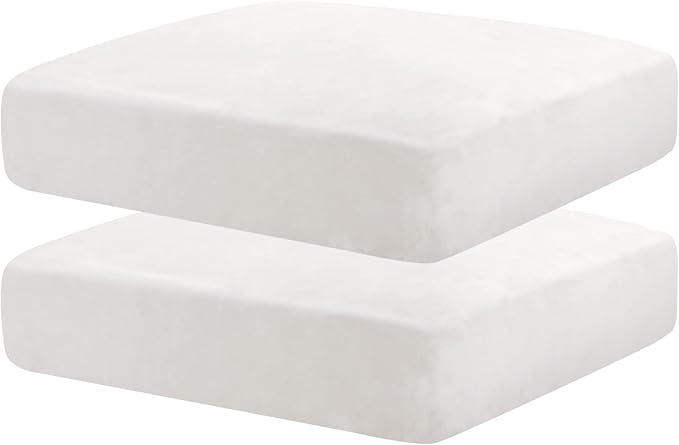 MAXIJIN Velvet Stretch Seat Cushion Covers Couch Cushion Cover for Individual Cushions Sofa Seat Cushion Slipcovers with Elastic Bottom (2 Piece Sofa Cushion Covers, White)