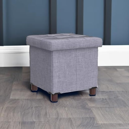15 Inch Storage Ottoman with Wooden Legs - Cube Foot Rest Stool, Square Footstool, Comfortable Seat with Lid, Foldable Fabric Ottoman, Space-Saving Grey