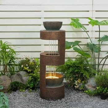 33" H Modern Outdoor Water Fountain Cascading Realistic Rock Waterfall Fountains with LED Warm Lights Outdoor Water Fountain for Garden Patio Backyard Porch Home Decor