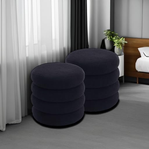Flouki 20.1" Storage Ottoman Round, Vanity Stools for Bedroom, Entryway Ottoman for Console Table, Ottoman Stool for Girls Women, Foot Stool for Living Room Set of 2, Sherpa Black