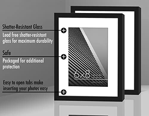 Americanflat 6x8 Picture Frame with Shatter-Resistant Glass - Set of 2 - Use as 4x6 Frame with Mat or Display 6x8 Photo Without Mat - Streamline Collection - Tabletop or Wall Display - Black