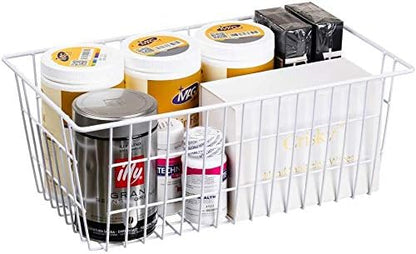 Slideep Farmhouse Metal Wire Basket, Fridge Freezer Storage Organizer Bins with Handles for Kitchen Cabinets, Pantry, Closets, Bedrooms, Bathrooms, White 3 Pack