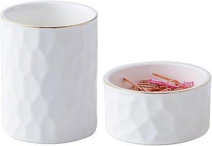 Aesthetic Desk Organizer Set of 2 For Office, Ceramic Pen Holder and Paper Clip Holder Dispenser, Cute Pencil Cup Pot for Desk, Desktop Accessories, Office Decor for women men Ideal Gifts (White Set)