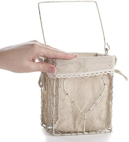 Factory Direct Craft Square White Washed Chicken Wire Basket with Natural Linen Liner and Heart Accent in Middle. for Cottage, Coastal or Farmhouse Decor Organizer.