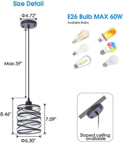 Modern Mini Pendant Light Fixture Kitchen Island Pendant Lighting 6.30''Matte Black Spiral Cage Handblown Clear Seeded Glass Shade Hanging Lamp Adjustable Cord for Dining Room 1-Pack,E26
