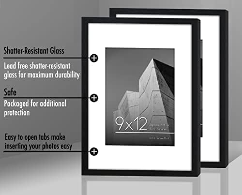 Americanflat 9x12 Picture Frame with Shatter-Resistant Glass - Set of 2 - Use as 6x8 Frame with Mat or Display 9x12 Photo Without Mat - Streamline Collection - Tabletop or Wall Display - Black