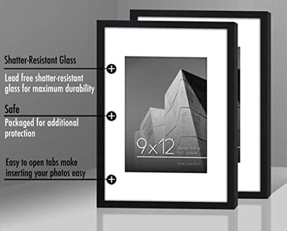 Americanflat 9x12 Picture Frame with Shatter-Resistant Glass - Set of 2 - Use as 6x8 Frame with Mat or Display 9x12 Photo Without Mat - Streamline Collection - Tabletop or Wall Display - Black