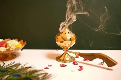 Zap Impex® Brass Incense Burner with Long Wood Handle (Size- 9 Inches)