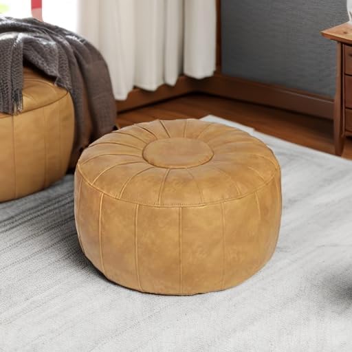 Thgonwid Unstuffed Moroccan Storage Pouf Foot Stool Ottoman Seat Handmade Faux Leather Bean Bag Floor Chair Foot Rest for Living Room, Bedroom or Balcony (Yellow)