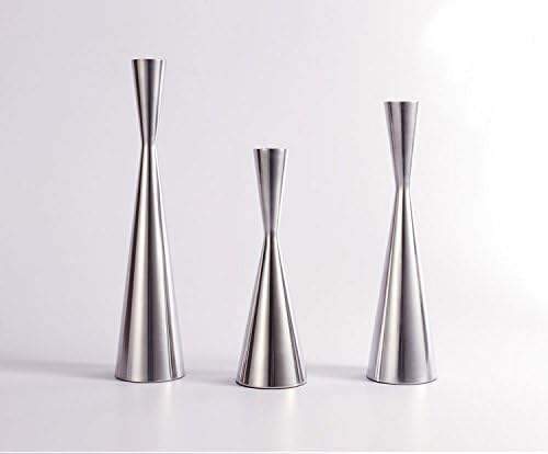 Set of 3 Silver Brushed Metal Taper Candle Holders Candlestick Holders Vintage Modern Decorative Centerpiece Candlestick Holders for Table Mantel Wedding Housewarming (Shiny Silver, S+M+L/Set)