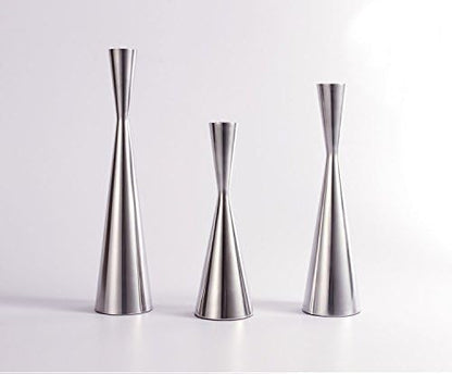 Set of 3 Silver Brushed Metal Taper Candle Holders Candlestick Holders Vintage Modern Decorative Centerpiece Candlestick Holders for Table Mantel Wedding Housewarming (Shiny Silver, S+M+L/Set)