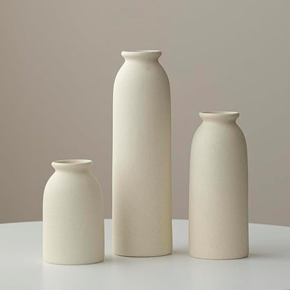10.4 inches Tall Decorative Ceramic Vase Set, 3 Pieces, Nordic Modern Boho Style, White, for Home Decor (Beige)