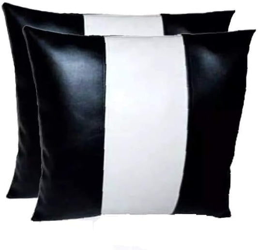 D DOLLY LAMB Lambskin Leather Pillow Cover - Sofa Cushion Case - Decorative Throw Covers for Living Room & Bedroom, 20x20 Inches - Black and White Pack of 2