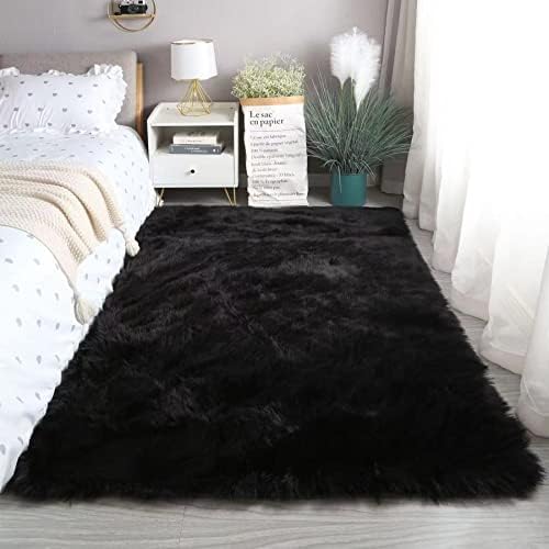 Fluffy Faux Fur Rug Black Sheepskin Area Rug,4x6 Ft Ultra Soft Shaggy Plush Rug for Bedroom Bedside Living Room Nursery Kids Room