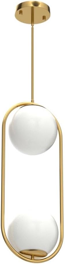 Modern Gold Globe Chandelier 2-Lights Mid Century Pendant Light Brushed Brass Ceiling Hanging Lighting Fixture with White Globe Glass Lampshade for Kitchen Island Dining Room Bedroom