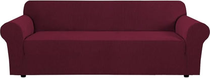 H.VERSAILTEX Stretch Couch Covers for Sofa 1 Piece Slipcovers for Couches 3 Seater Couch Cover Feature Thick Checked Jacquard Fabric with Elastic Bottom(Large Sofa 90"-100" Wide, Burgundy Red)
