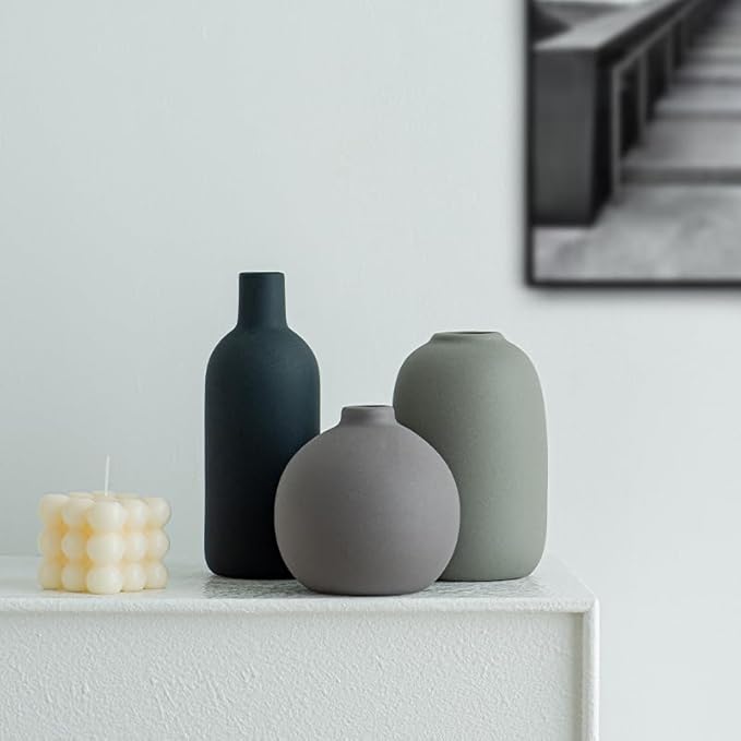 Ceramic Vase Set of 3 - Small Modern Minimalist Ceramic Bud Vases for Home Decor - Boho Aesthetic Flower Vases for Desk, Shelf & Table, Mantle, Bookshelf (Cute & Versatile) (Neutral Mix)