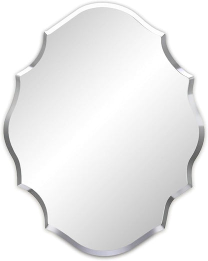 Frameless Scalloped Wall Mirror: Decorative Scallop Oval Mirrored Glass Vanity with Beveled Silver Edge for Bathroom Bedroom Livingroom Dining Room Entryway Hallway, 28 x 22 inch