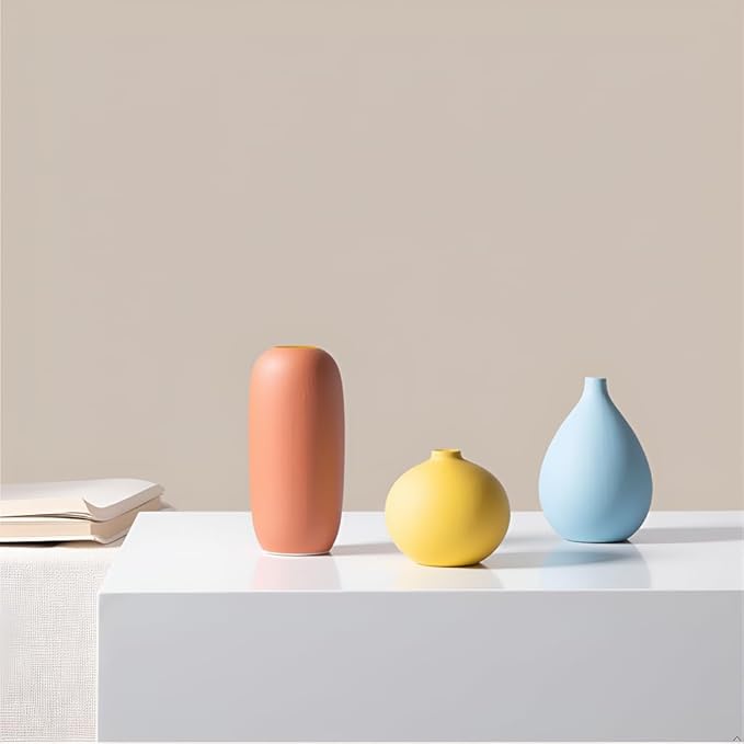 Small Multi Color Ceramic Vase Set 3 for Modern Home Table Decor, Living Room, Tabletop, Bedroom, Shelf, Office Bookshelf, Entryway, Coffee Table Mantel, Rustic Farmhouse Decorative Vases