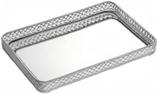ELLDOO Perfume & Makeup Mirror Tray - Silver Metal Organizer for Dresser & Bathroom Countertop, Hollow-Carved Design Jewelry Storage Large Size 13.8" x 7.9"