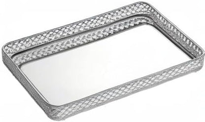 ELLDOO Perfume & Makeup Mirror Tray - Silver Metal Organizer for Dresser & Bathroom Countertop, Hollow-Carved Design Jewelry Storage Large Size 13.8" x 7.9"