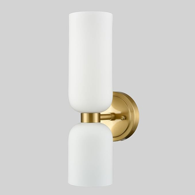 Gold Wall Sconces Set of Two 2-Light Modern Wall Light 3.93"(W)*15.4"(H) Bathroom Vanity Light Milky White Glass