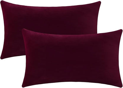 Jeneoo Set of 2 Comfy Soft Thick Velvet Lumbar Throw Pillow Covers for Sofa Couch Decorative Christmas Solid Rectangle Cushion Cases for Bedroom Car (12 x 20 Inches, Burgundy Red)