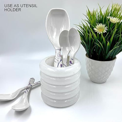 Décor Envogue 4x4" Scalloped Natural White Alabaster Stone Stationary holder Pencil Pen Holder Stand for Desk Utensil Holder Spoon Caddy Countertop Handmade kitchen Utensils set organizer
