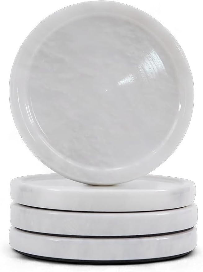 Marble Coasters Set of 4 for Drinks Countertop 4 Inches Round White Stone Drink Coaster for Kitchen Counter, Ideal for Home Decor House Warming