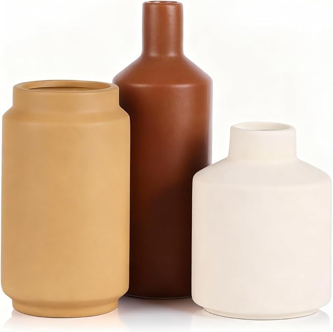 Ceramic Vase Set of 3 – Modern Decorative Vases in Matte White, Yellow & Brown, Small Flower Pottery Vase Sets, Boho Farmhouse Rustic Vases for Living Room, Kitchen, Bedroom, Bathroom, Shelf, Table