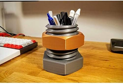 Znet3D Nut and Bolt Pencil/Pen Organizer/Holder - Screw-on Nut Design - Desk Organizer - Cup Holder (Silver-Gold)