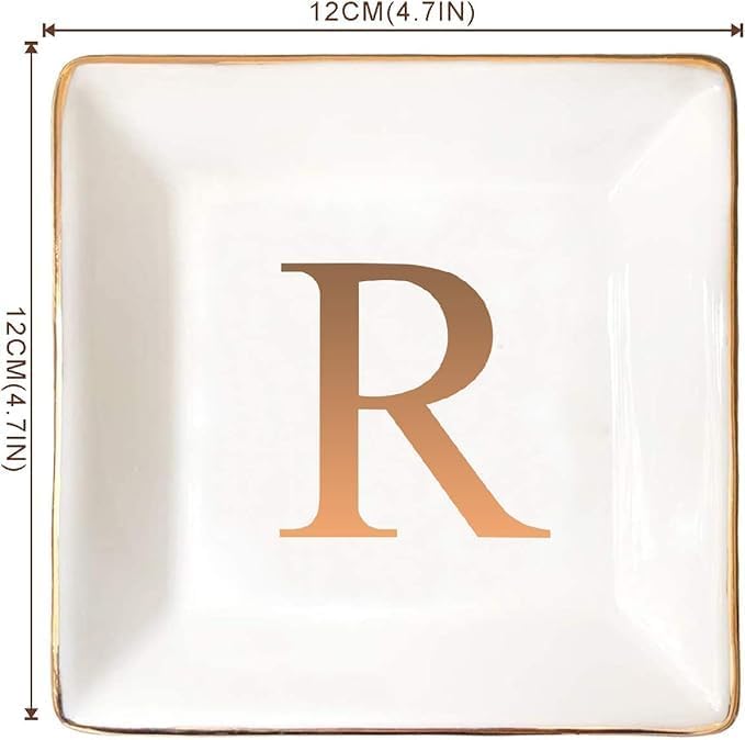 ANOTION Jewelry Tray Ring Dish with Ini-tial Gift- Personalized Trinket Dish and Jewelry Dish with Gold Initials Key Bowl Ceramic Holder, Unique Wedding or Engagement Present
