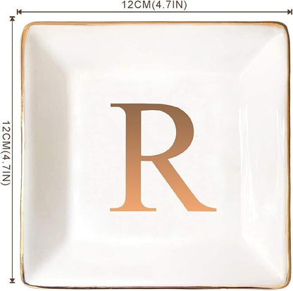 ANOTION Jewelry Tray Ring Dish with Ini-tial Gift- Personalized Trinket Dish and Jewelry Dish with Gold Initials Key Bowl Ceramic Holder, Unique Wedding or Engagement Present