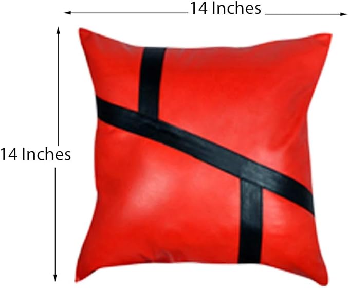 D DOLLY LAMB Lambskin Leather Pillow Cover - Sofa Cushion Case - Decorative Throw Covers for Living Room & Bedroom, 14x14 Inches - 03 Red Pack of 2