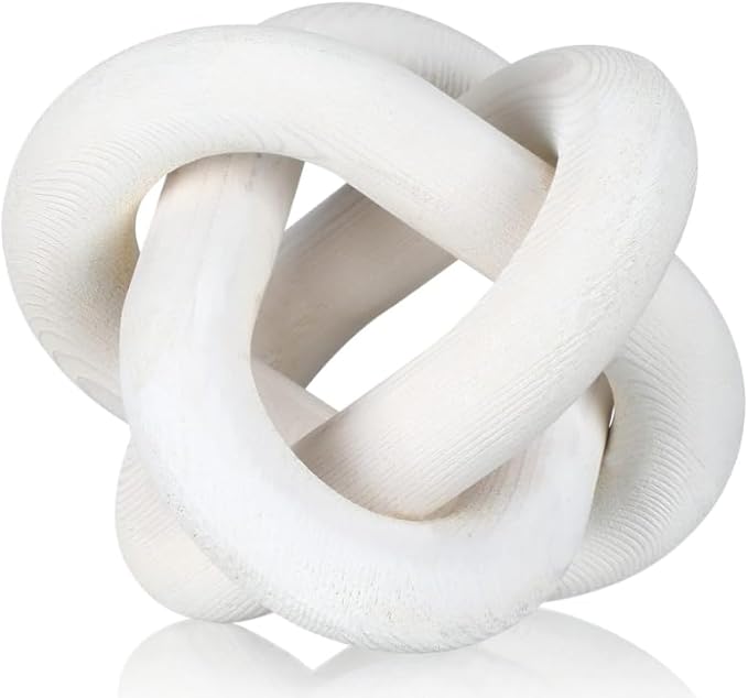 Wood Chain Link Decor 3-Link, 6 Inch Dia Hand Carved Decorative Knot, White/Wood Color, Coffee Table Decor, Country Style, Mom Gifts