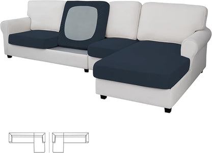 Easy-Going Stretch 4 Pieces Couch Cushion Covers for Sectional Sofa Left/Right L Shape Chaise Lounge Sofa Seat slipcover Anti-Slip Sofa Cover Soft (3 Seater + 1 Chaise, Dark Blue)