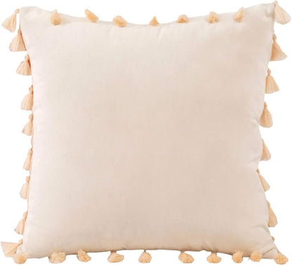 vctops Velvet Soft Solid Decorative Throw Pillow Cover with Tassels Boho Accent Cushion Case for Couch Bedroom Car Beige 18''x18''