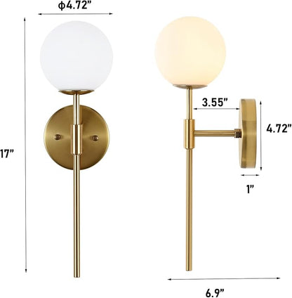 Gold Wall Sconce Set of 2 with White Globe Glass Shades Modern Mid Century Bathroom Vanity Wall Light Fixtures Industrial Brushed Brass Wall Lamp for Bedroom Mirror Living Room Restaurant