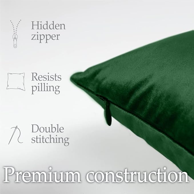 lalaLOOM Velvet Throw Pillow Covers, Set of 2, 24x24 Decorative Square Pillows Home Decor, Soft Accent Cases, Silky Machine Washable Pillowcases for Sofa, Couch, Bedroom, Living Room, Hunter Green