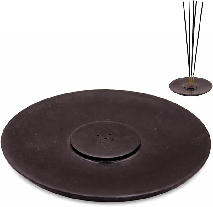 Handmade Marble Incense Holder - Round Incense Burner with Multiple Holes for Incense Sticks. Decorative Ash Catcher for Home and Office Decor. (4 inch Diameter, Black)