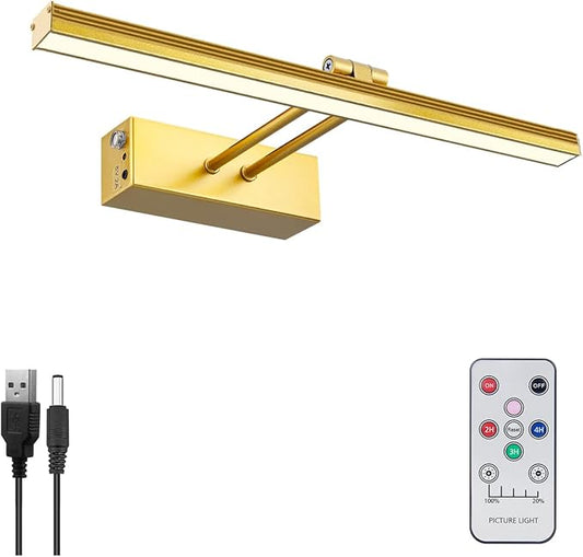 FUNCHDAY Picture Light,Battery Art Lights for Wall,Wireless Remote Painting Light with Timer and Dimmable,13”Metal Display Lighting for Artwork,Portrait,Gallery(Gold)