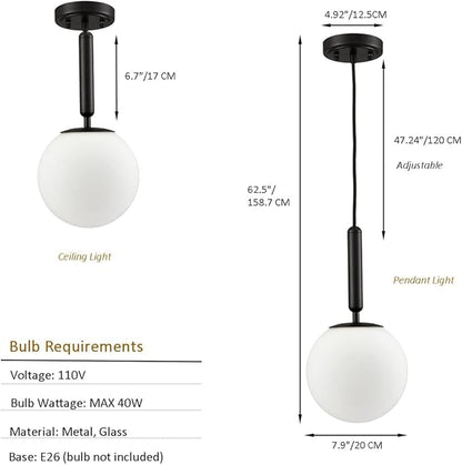 DIRYZON Modern Globe Pendant Lighting for Kitchen Island Black Hanging Ceiling Light Dining Pendant Chandelier Fixture with 7.9 Inches Milky White Frosted Lampshade