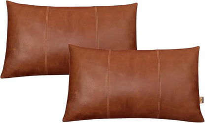 Genuine Lambskin Leather Pillow Cover, 12x20 Inch Case for Lumbar Throw Couch Pillows, Thick & Soft Cushion Covers for Sofa Bed Home Decor (Cognac Brown Plain Pack of 2)