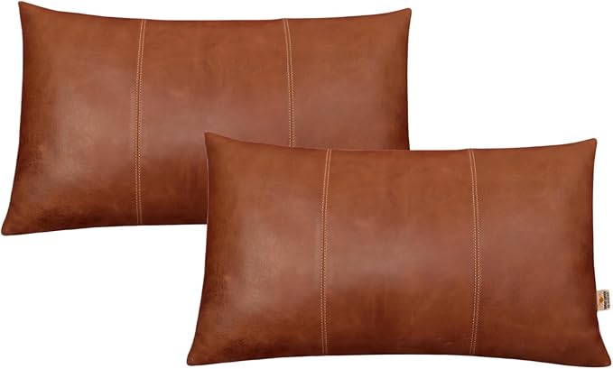 Genuine Lambskin Leather Pillow Cover, 22x30 Inch Case for Lumbar Throw Couch Pillows, Thick & Soft Cushion Covers for Sofa Bed Home Decor (Cognac Brown Plain Pack of 2)
