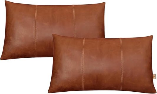 Genuine Lambskin Leather Pillow Cover, 16x24 Inch Case for Lumbar Throw Couch Pillows, Thick & Soft Cushion Covers for Sofa Bed Home Decor (Cognac Brown Plain Pack of 2)