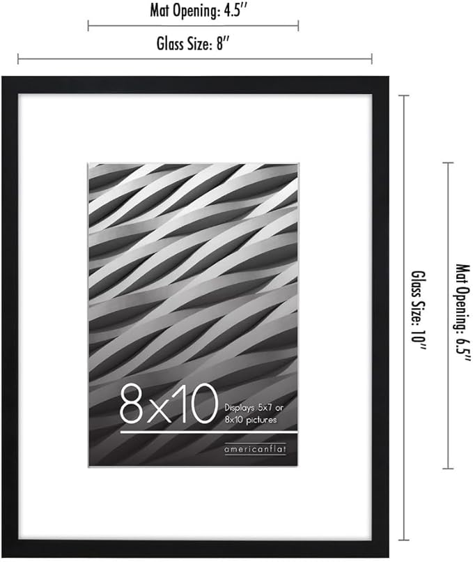 Americanflat 8x10 Picture Frame with Shatter-Resistant Glass - Use as 5x7 Frame with Mat or Display 8x10 Photo Without Mat - Streamline Collection - Picture Frames for Tabletop and Wall - Black