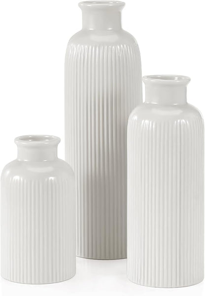 Small White Ceramic Vase Set of 3, Boho Modern White Flower Vase Room Decor, Farmhouse Decor, Vases for Your Kitchen, Bathroom, Bedroom, Living Room, Office&Shelf Centerpiece Table Decorations