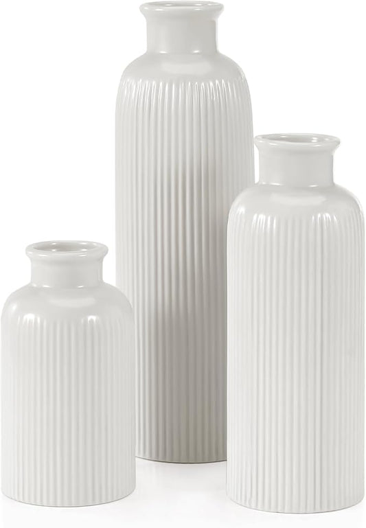 Small White Ceramic Vase Set of 3, Boho Modern White Flower Vase Room Decor, Farmhouse Decor, Vases for Your Kitchen, Bathroom, Bedroom, Living Room, Office&Shelf Centerpiece Table Decorations
