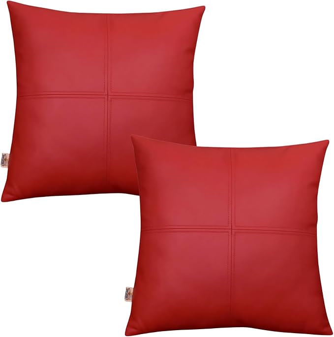 Lambskin Leather Pillow Cover, Hand Panel Stitched Leather Decorative Throw Pillow Covers for Couch Sofa Bed Living Room Garden (20x20 Inches, Cherry Red Pack of 2)