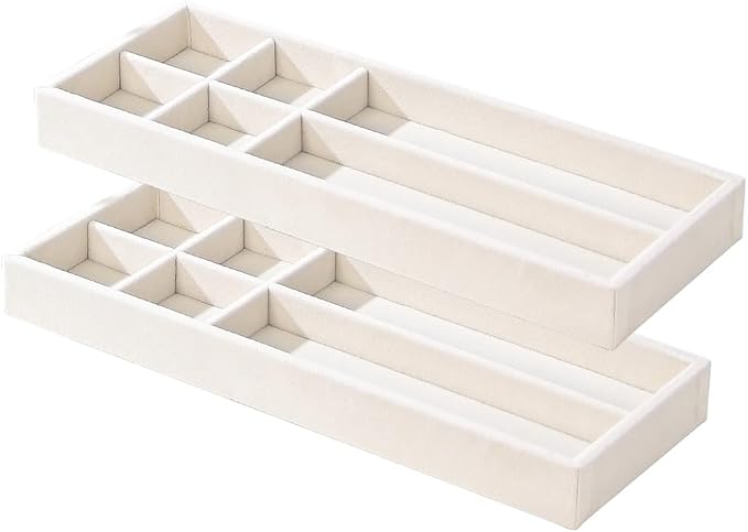 2Pcs Desk Drawer Storage Tray, Nightstand Organizer, Necklace Bracelet Ring Earring Jewelry Display, Grid Table Organizer Holder for Sunglass, Phone, Watch, Perfume (6 grid)/Beige